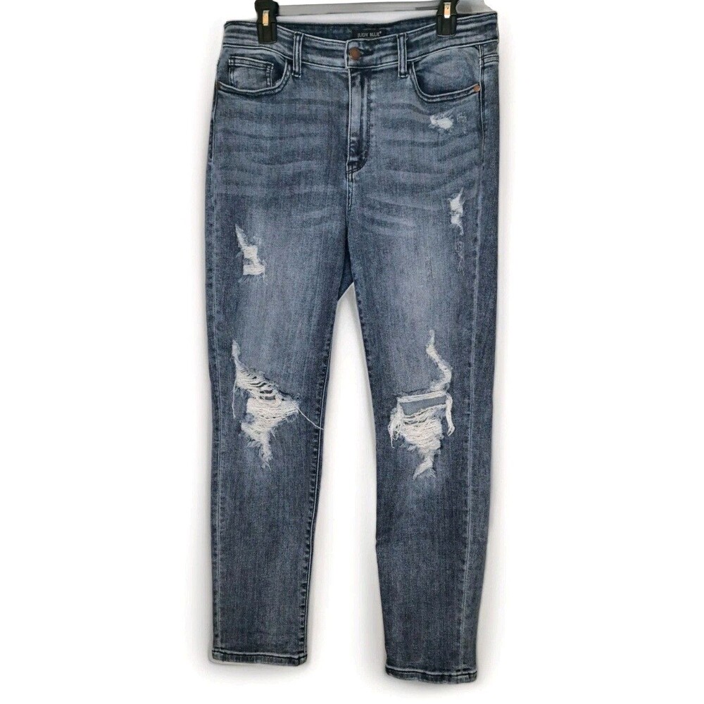 Judy Blue Jeans Womens 11/30 Blue Stretch Distressed Boyfriend Fit 32x28.5